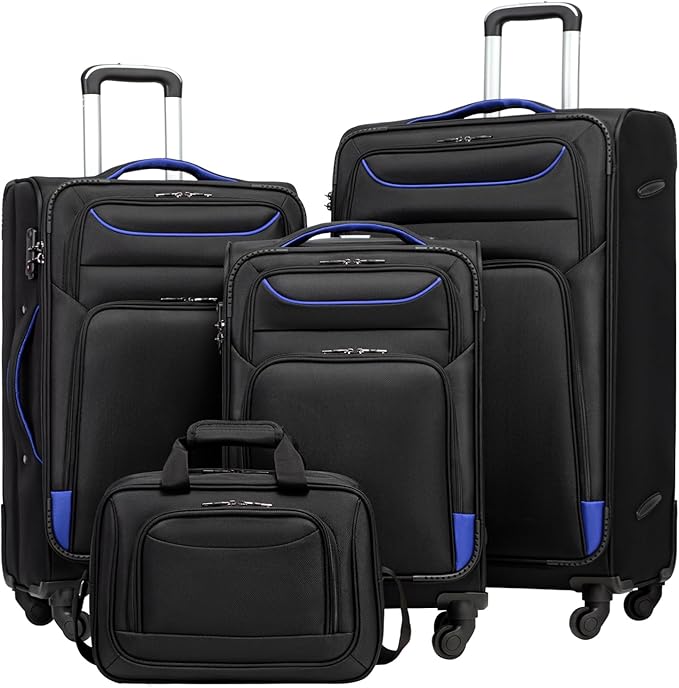 Coolife Luggage 4 Piece Set Suitcase TSA Lock Spinner Softshell lightweight(black+blue)