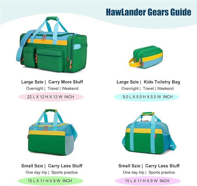 HawLander Kids Duffle Bag for Boys or Girls, Fit Sports Practice, or Overnight Travel Weekend (Green)