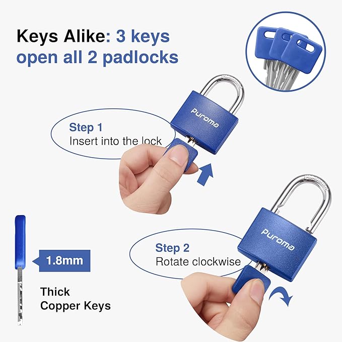 Puroma Lock Keyed Padlock, 2 Pack Aluminum Locks with 3 Keys Alike, 7/8 Inch Locker Lock 43mm Small Padlocks for Gate, Fence, Shed, Toolbox, School Gym Locker (Blue)