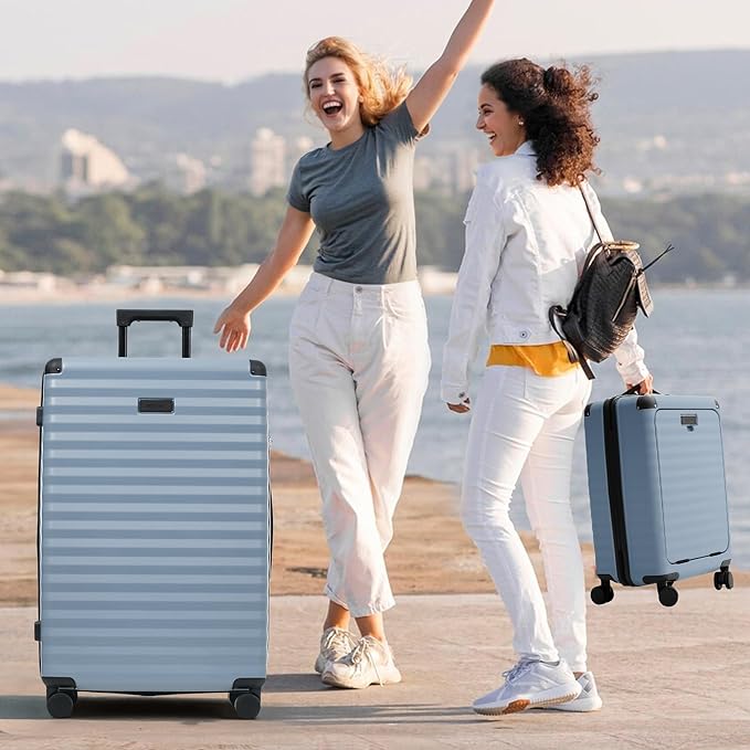 Merax Luggage Sets Front Opening, 3 Piece Hardshell Suitcase with Spinner Wheels and Bags,Lightweight Carry on Luggage with USB Port and Cup Holder,20+24+28,Sky Blue