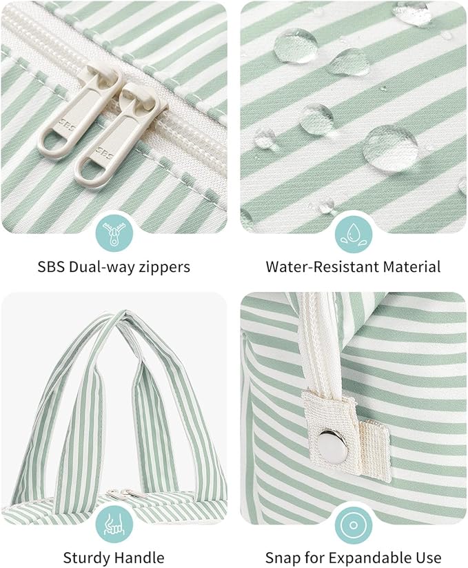 Narwey Travel Toiletry Bag for Women, Wide Open Large Makeup Bag, Cosmetic Bag Make Up Organizer with Handle, Wet Pocket for Towel, Travel Bag for Toiletries, Brushes, Essentials (Mint Green Stripe)