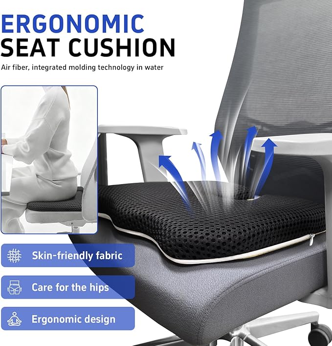 Air Fiber Seat Cushion for Office Chair, Breathable U-Shape Tailbone Relief Cushion for Desk Chair, Washable Ergonomic Chair Pad for Driving & Gaming, Cooling Mesh Back Support(Black, 15.7″*19.7″)