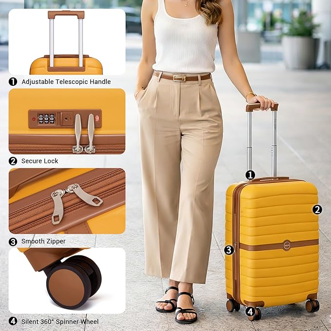Kono Expandable Carry On Luggage 22x14x9 Airline Approved with Spinner Wheels, 20 Inch Durable & Impact-Resistant PC+ABS Hardshell Rolling Suitcase Travel Luggage with Lock, Yellow/Brown