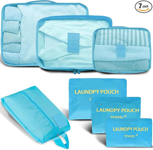 INVODA 7 piece Multi-size Packing Cubes for Travel Suitcase Organizer Bags Lightweight Travel Bags (Sky Blue)
