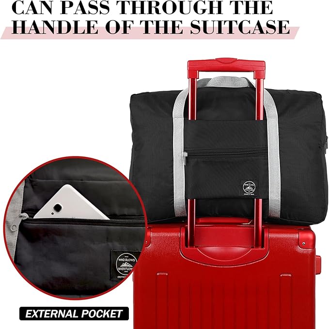 INVODA Travel Bag Carry on Luggage Foldable Duffel Bag Sports Gym Bag Weekender Overnight Bag Water Resistant Nylon Travel Duffel for Men Women (Black)