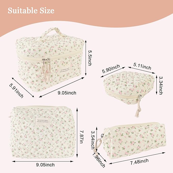 Cute Makeup Bag for Women(2 Pcs), Travel Cosmetic Bags, Quilted Coquette Aesthetic Floral Toiletry Organizer Bag (46 - PinkMuDan)