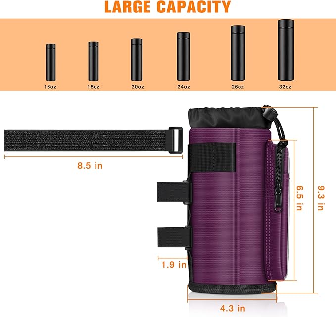 FINPAC Cup Holder for Bike, Universal Water Bottle Holder with Phone Pockets for Stroller Walker Golf Cart Rollator and Scooter, Outdoor, Biking - Purple