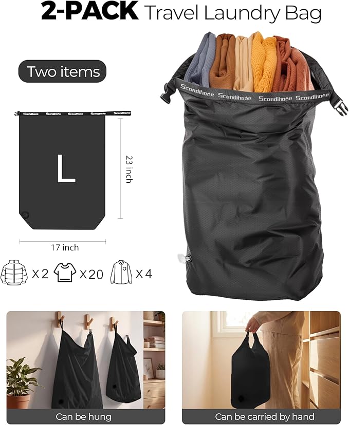 Travel Laundry Bag, Pump-Free Vacuum Compression Dirty Clothes Bag, Reusable Waterproof & Washable Laundry Bag, Wet and Dry Bag, Ideal for Suitcases, Road Trip Essentials (2 Pcs, L+L) Black