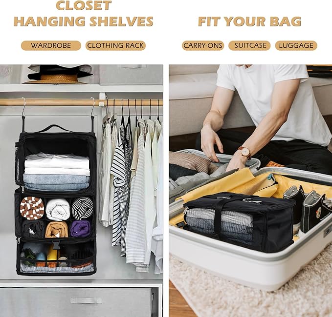 Surblue Hanging Shelves Travel Storage Bag Compression Packing Cube for Suitcase Collapsible with Extension Layer Large Capacity, Black,XL