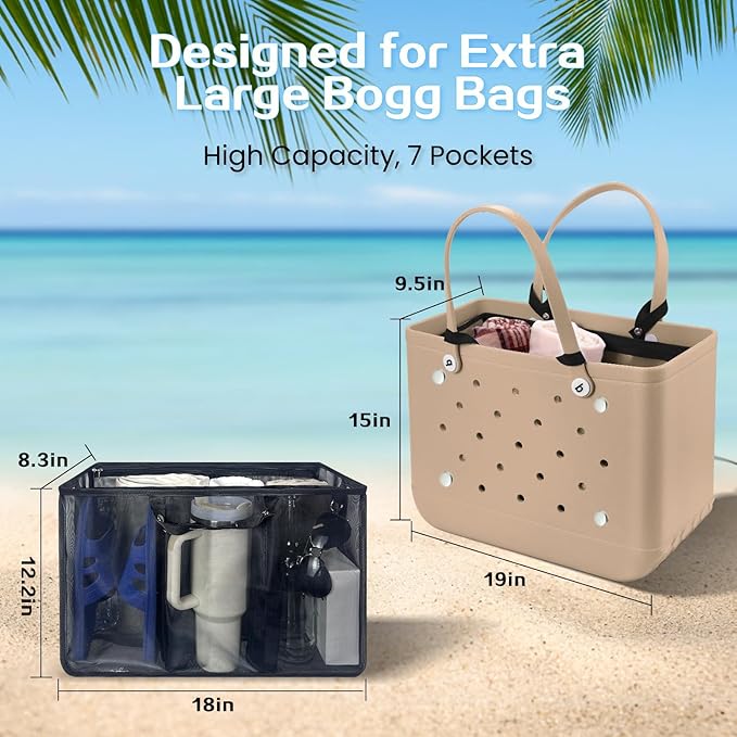 XYFuuee Beach Bag Organizer Inserts for Original Large Bogg Bag Accessories with 8 Removable Metal Fasteners, Lightweight Mesh Insert Divider Pouch, Organizing Rubber Tote, Save Space, Black XL