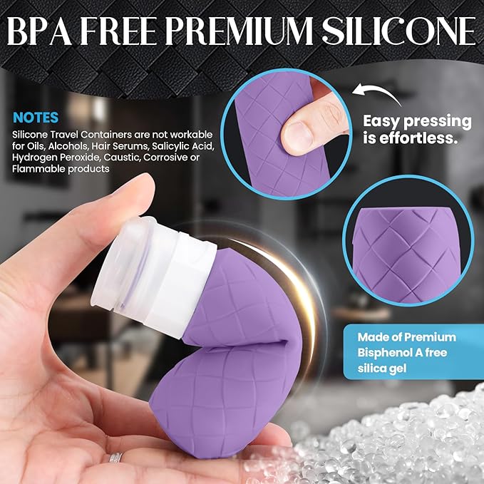 Travel Bottles for Toiletries, TSA Approved Silicone Travel Size Containers for Toiletries, BPA Free Leak Proof Refillable Essentials Accessories, Shampoo and Conditioner Bottles (Purple)