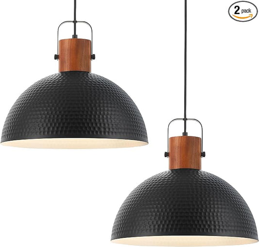 ELYONA 2 Pack Large Ash Wood Hammered Pendant Light Fixtures 16 Inch Metal Dome Ceiling Hanging Lamp, Industrial Kitchen Island Pendant Lighting for Farmhouse, Dining Room,Living Room, Black