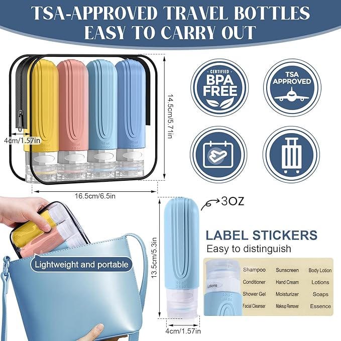Travel Bottles for Toiletries, 3oz TSA Approved Travel Size Toiletries, Silicone Leak-Proof Refillable Containers, Squeezable Liquid Essentials Bottles W/Clear Bag (COLORFUL)