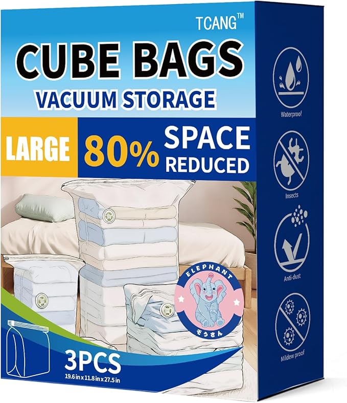 3 PACK Cube Vacuum Storage Bags,Large Cube (19.6 * 27.5 * 11.8 Inch), Extra Large Vacuum Seal Bags for Clothing, Comforters, Blankets, Bedding, Closet Organization Space Saving