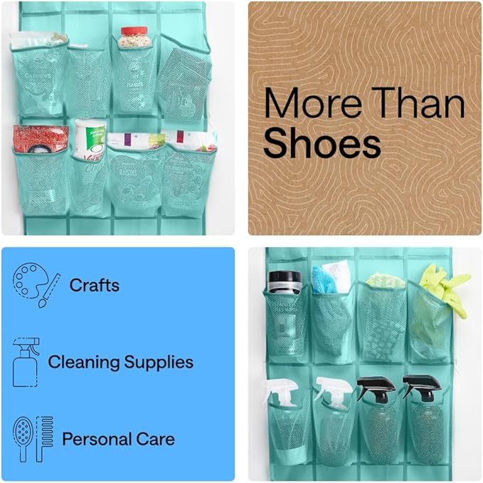 GORILLA GRIP Over the Door Shoe Organizer, 24 Large Breathable Mesh Pockets, Space Saving Hanging Storage Holder, Closet Rack Hanger Holds Up to 40 lbs, Hangs on Closets, Shoes, Accessories, Turquoise