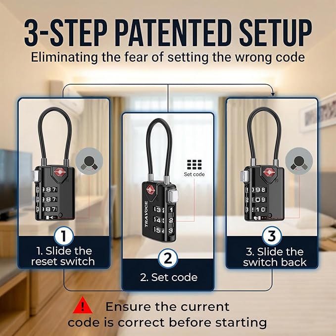 TRAVOCE TSA Approved Luggage Locks - Heavy Duty 3 Digit Combination Cable Lock, Search Alert for Suitcases, Backpacks, Golf Bags, Tents, Violin and Camera Cases, 1 Pack, Black