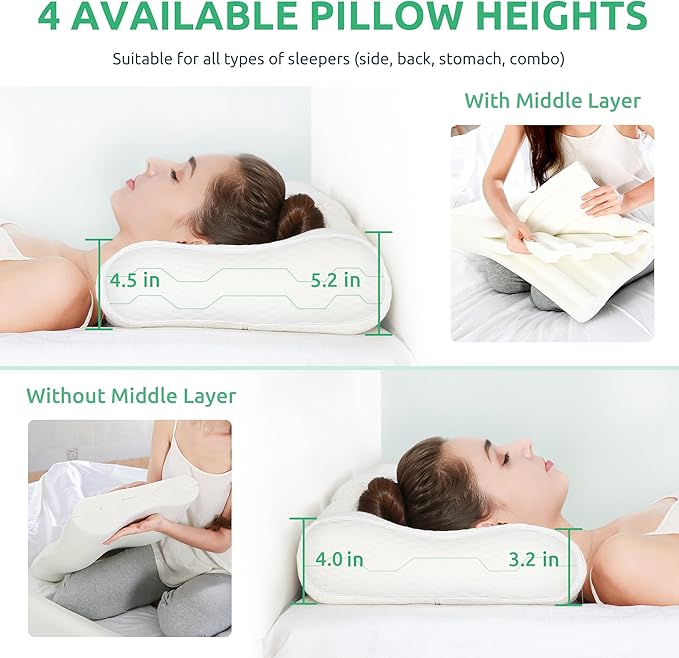 UTTU Cervical Pillow for Neck Pain Relief, Memory Foam Neck Pillow for Sleeping, Adjustable Orthopedic Sandwich Pillow, Contour Cooling for Side Back Stomach Sleeper, King(27.6"×15.7"×5.2"/4.5")