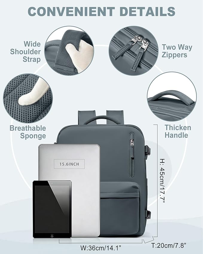 VECAVE Travel Backpack for Women, Airline Flight Approved Carry On Backpacks Waterproof 14 Inch Laptop Backpack with Shoe Compartment Casual Daypack GreyBlue