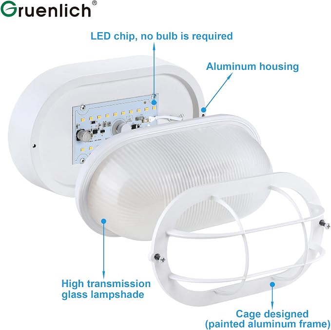 GRUENLICH LED Bulkhead Light Fixture, Aluminum Outdoor Wall Lantern, 8.5" | Oval Exterior Porch Light Wall Sconce for House Walkway Nautical Sauna, Dimmable 6W 600 Lumen, Glass, 3000K, White, 1 Pack