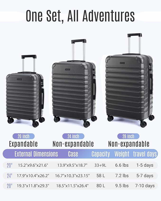 LIGHT FLIGHT Luggage Sets, 3 Piece Durable Suitcase Set with Spinner Wheels, 3 Pcs Hardside Lightweight luggage with TSA Lock, Large Checked Travel Suitcases, 20/24/28 Inch, Gray