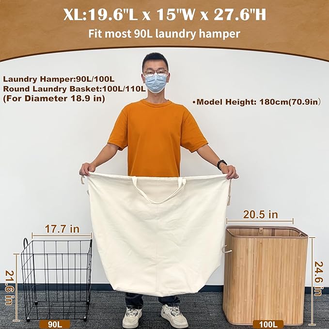 Canvas Laundry Bags with Handles & Rectangular Base, 90L Extra Large Heavy Duty Laundry Basket Hamper Liner Replacement, Washable Canvas Drawstring Dirty Clothes Bag (Beige, 2 Pack)