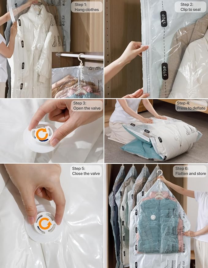 Vacuum Storage Bags for Clothing - NeatNest 6 Pack Space Saver Garment Bags with Hangers, 3 Medium + 3 Large, Vacuum or Hand Press Compression, Airtight for Closet Organization, PE+PA Material