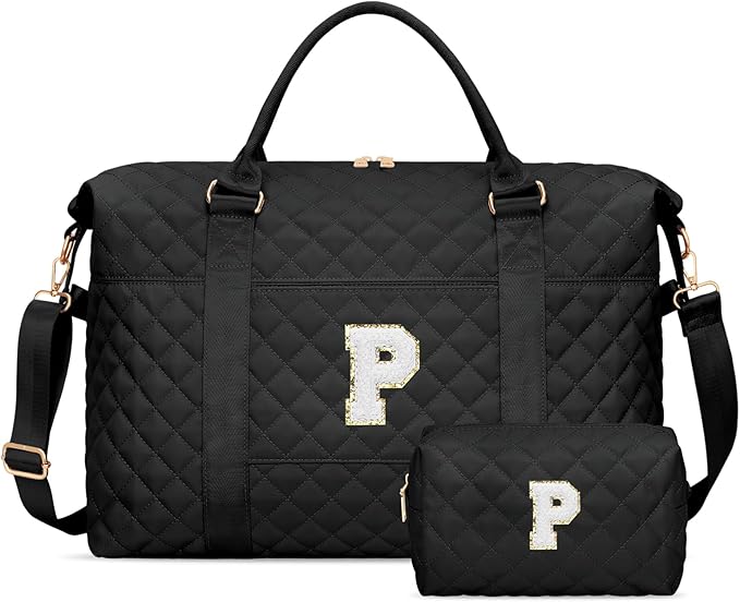 Gifts for Women, Initial Travel Duffle Bag, Personalized Weekender Overnight Bags, Gift for Mom Friend College Girl Graduation Teacher（Black,P)