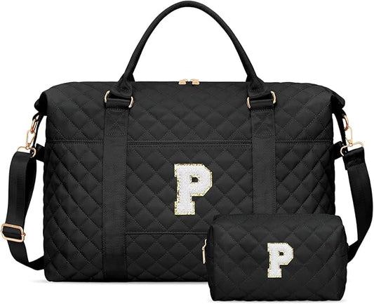Gifts for Women, Initial Travel Duffle Bag, Personalized Weekender Overnight Bags, Gift for Mom Friend College Girl Graduation Teacher（Black,P)