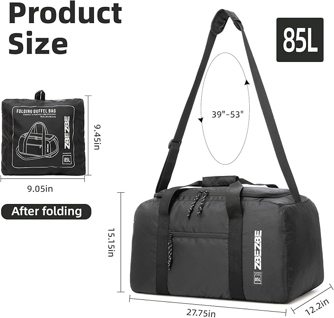 Foldable Travel Duffel Bag, Lightweight & Easy to Carry Water-Repellent Duffle Bag - 2-Way Zipper & Interior Pouch, Ideal for Weekend Trips, Daily Use,Camping，Sports