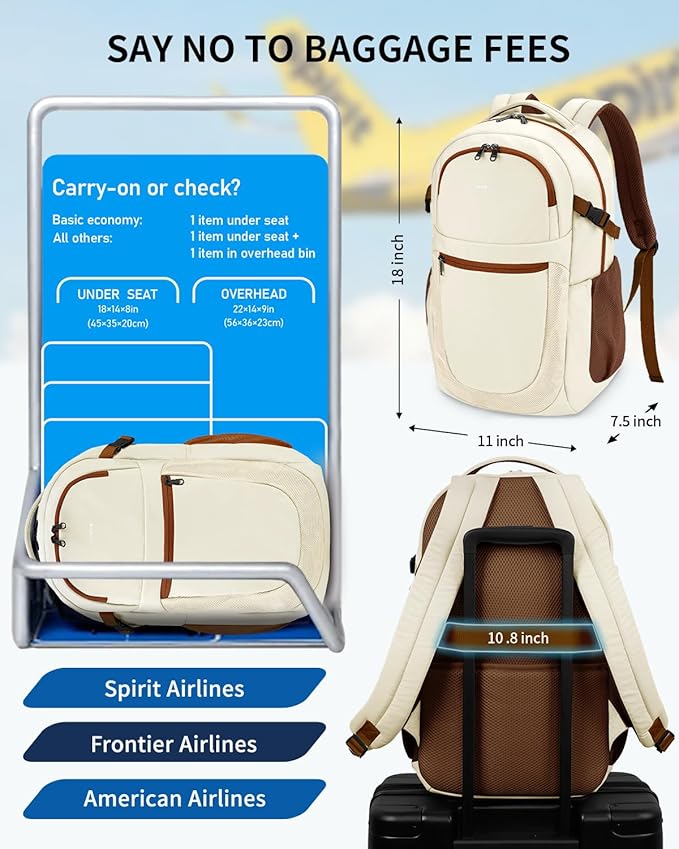 ECOHUB Travel Backpack for Women, 17.3 inch Suspended Laptop Backpack, Fashion Water-Resistant College Computer Bookbag, 28L Personal Item Bag with 12 Pockets for Causal, Work, Cream & Brown