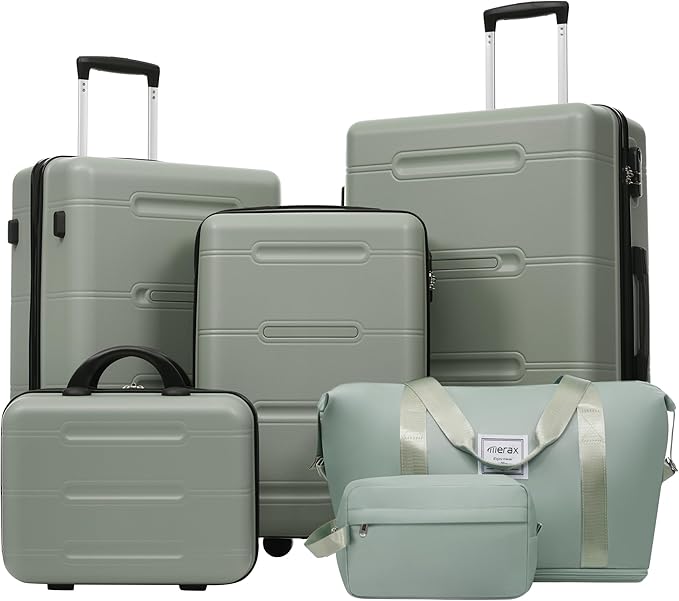 Merax Luggage Set 6 Piece,Lightweight Hardshell Suitcase with Double Spinner Wheels Handle Password Lock,14 IN Cosmetic Case 20/24/28 IN Luggages with Duffel Bag and Toiletry Bag,Light Green
