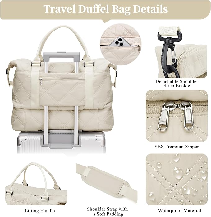 Weekender Bags for Women,Personal Item Travel Bag with Shoes Compartment,Overnight Travel Duffel Bag with Toiletry Bag,Quilted Beige