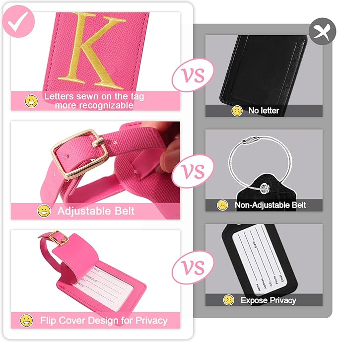 Personalized Initial Luggage Tags for Suitcases, Cute PU Leather Embroidered Letter Travel Luggage Tags, Suitcase Identifier Name Baggage Tag, Bag Tags for Men Women Kids Luggage Handbags(Rosered K)