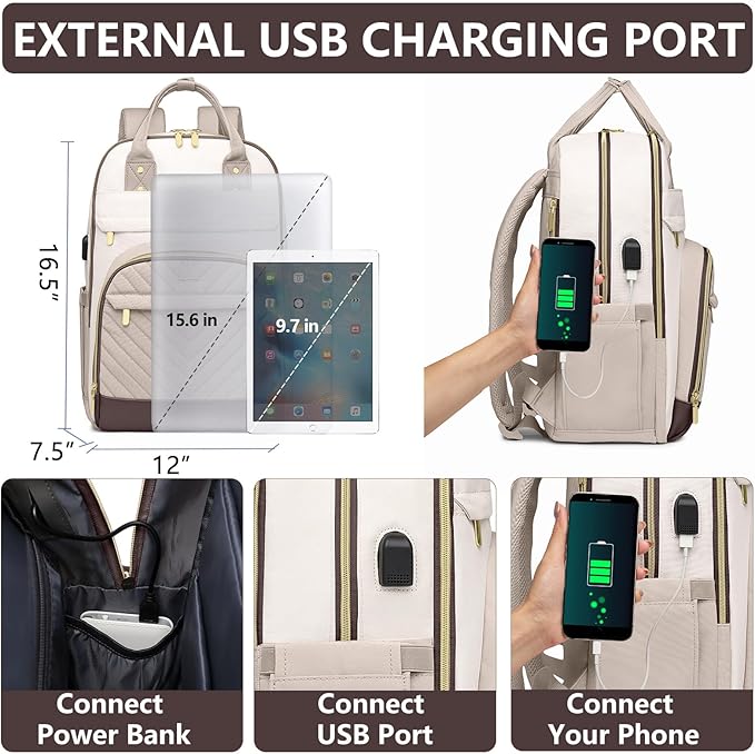 Laptop Backpack for Women Work Bag - 15.6 inch Travel Backpack Purse with USB Charger College Bookbag Waterproof Cute Casual Daypack Fashion Business Computer Backpacks for Teacher Nurse Beige Nude