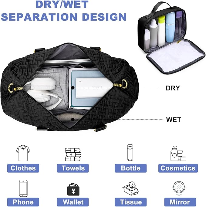 Women Weekender Travel Duffle Bag: Travel Duffel Overnight Bags with Shoe Compartment Large Carry on Tote with Toiletry Bag Weekend Traveling Yoga Gym Hospital Bag for Women with Wet Pocket Black