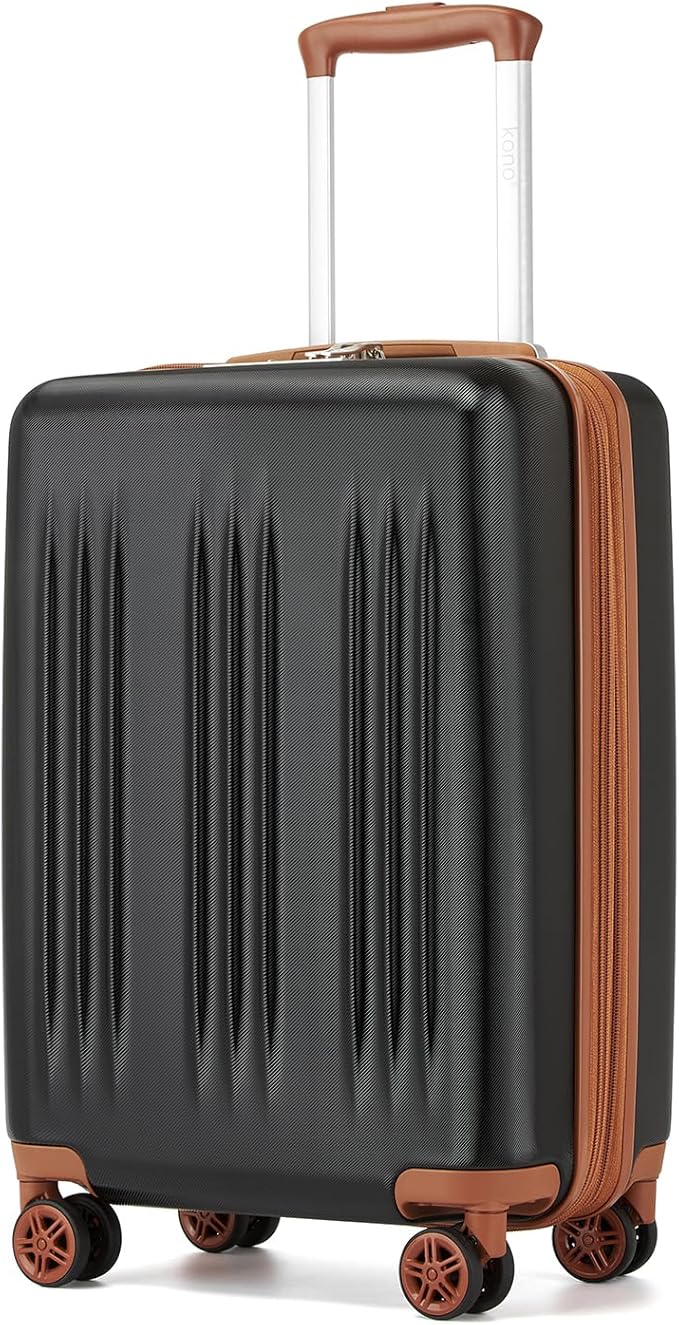 Kono Small 20 Inch Expandable Carry On Luggage with Quiet Spinner Wheels & TSA Lock, Scratch and Drop Resistant PC+ABS Hardside 22x14x9 Airline Approved Suitcase, Black & Brown