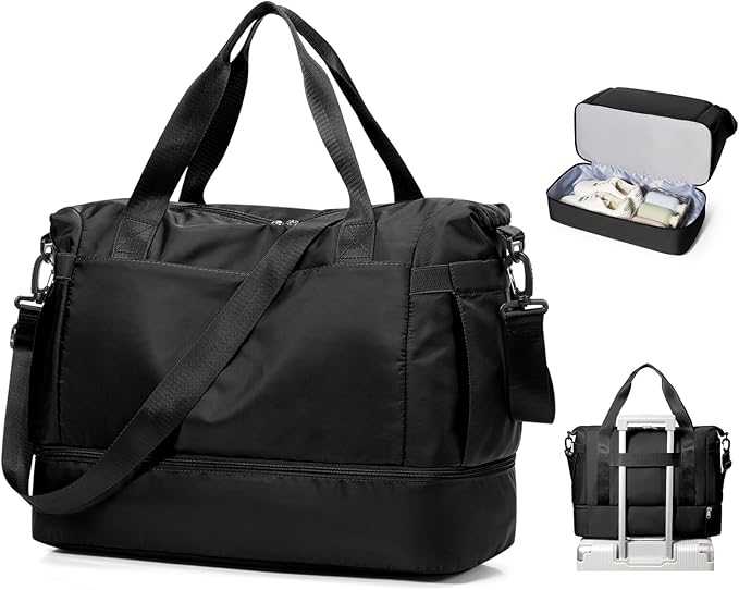 Small Black Gym Duffle Bag for Women Men with Shoe Compartment, Mini Cute Weekender Handbag Carry on Travel Bag for Airplane, Water Resistant Sports Yoga Tote Bag with Dry Wet Separated Pocket.