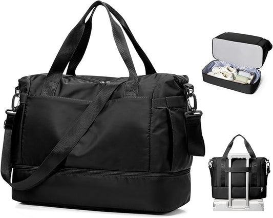Small Black Gym Duffle Bag for Women Men with Shoe Compartment, Mini Cute Weekender Handbag Carry on Travel Bag for Airplane, Water Resistant Sports Yoga Tote Bag with Dry Wet Separated Pocket.