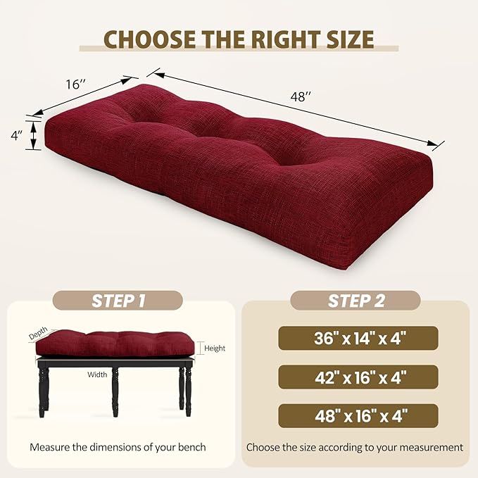 downluxe Indoor Bench Cushion for Indoor Furniture, Non-Slip Tufted Overstuffed Textured Foam Bench Seat Cushion, 48" X 16" X 4", Burgundy, 1 Pack