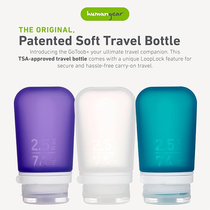 humangear GoToob+ 3-Pack (Medium) | Refillable Silicone Travel Bottle | Locking Lid | Food-Safe Material, Clear/Purple/Teal, Medium (2.5 fl.oz.; 74ml)