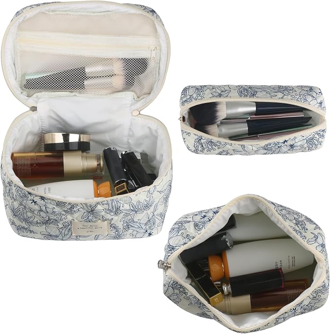 Cute Makeup Bag for Women(2 Pcs), Travel Cosmetic Bags, Quilted Coquette Aesthetic Floral Toiletry Organizer Bag (22 - Black Flower)