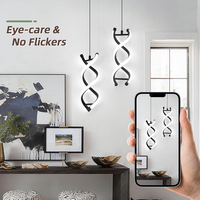 CANEOE Spiral Modern Led Pendant Light,3000K-6000K Dimmable Black LED Hanging Lamp, Adjustable Height Kitchen Island Light Fixture for Dining Room Bedroom Kitchen Sink (Black, Dimmable,3 Packs)