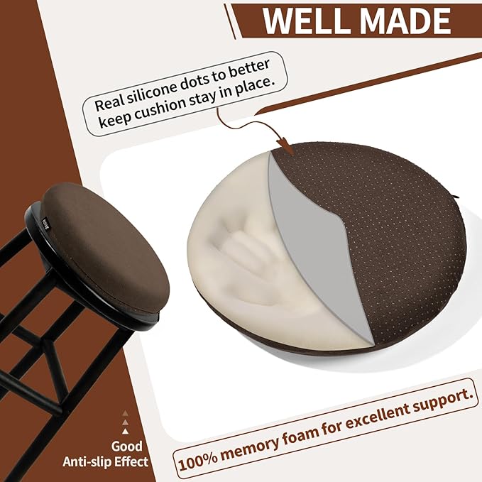 BUYUE Memory Foam Seat Cushion, Dia 13" Soft Velvet Round Stool Cushion Anti-Slip Chair Pads, S, Brown