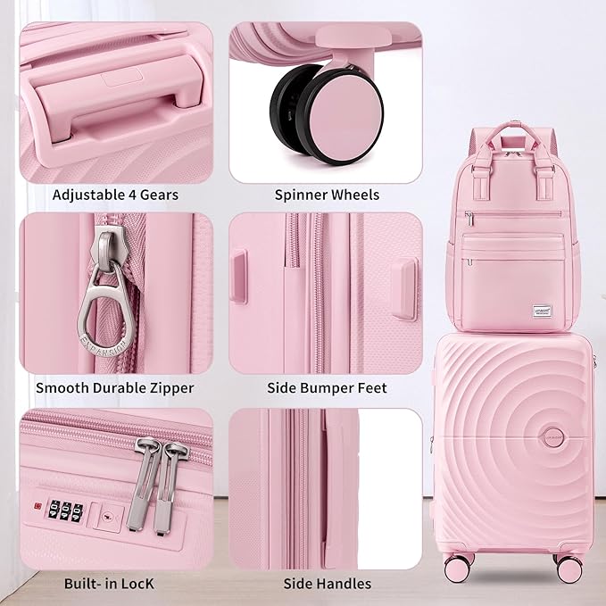 LARVENDER Carry On Luggage Set 22x14x9 Airline Approved, Expandable 20 Inch Carry-On Suitcases With Wheels, Lightweight Luggage Sets 3 Pieces With Backpack, Light Pink
