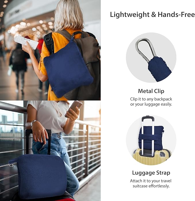 DEZ FURNISHINGS 4-in-1 Travel Compact Blanket Pillow Super Soft Velvet with Luggage Sleeve and Backpack Clip, Navy, 60" x 45"