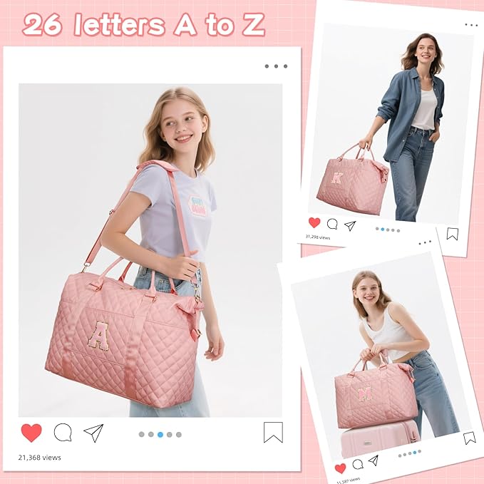 Gifts for Teen Girl, Initial Travel Duffle Bag, Personalized Women Weekender Overnight Bags, Gift for Daughter Kid Mom Friend College Girl Graduation Teacher（Pink,M)
