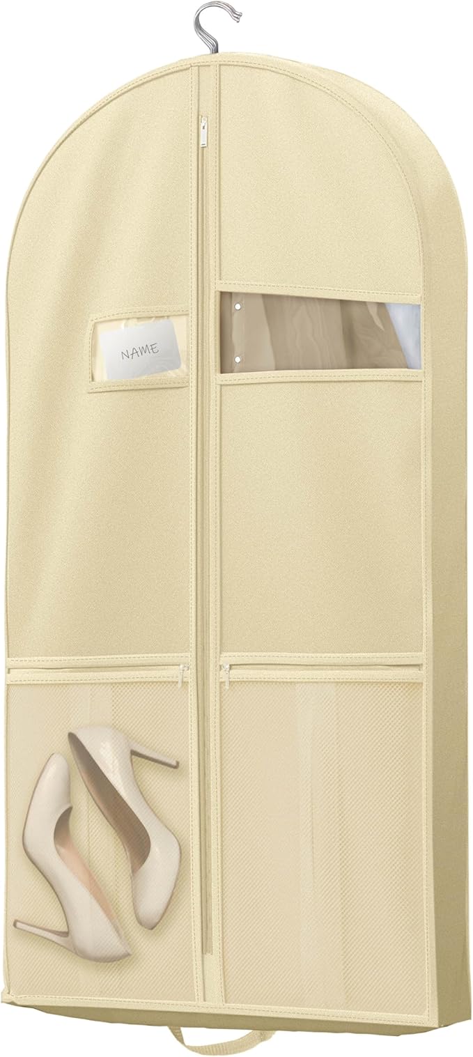 Lazebox 43" Travel Garment Bag with Accessories Zipper Pocket, Heavy Duty Suit Bag for Suits, Tuxedos, Dresses, Coats, Beige, 1 pack