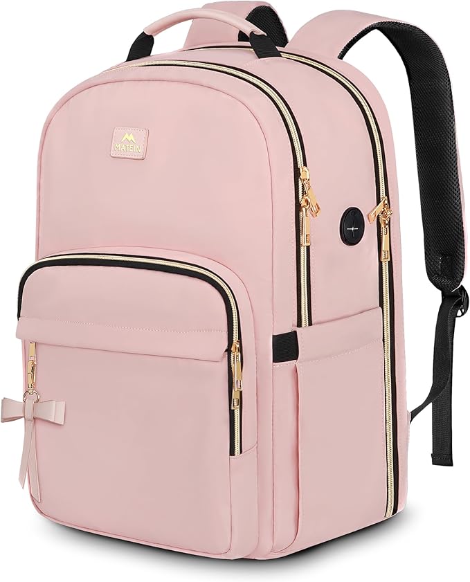 MATEIN Pink Laptop Backpack, 17 Inch TSA Approved Travel Carry On Backpack for Women, Large Work Compuer Bag with Charging Hole & Luggage Strap, Water Resistant Anti Theft College Nurse Bag