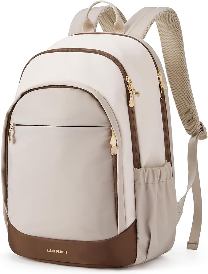 LIGHT FLIGHT Travel Backpack for Women, 15.6 Inch Laptop Backpack with USB Charging Hole, Water Resistant College Bookbag, Large Capacity Black Computer Backpacks for Work, Beige+Brown