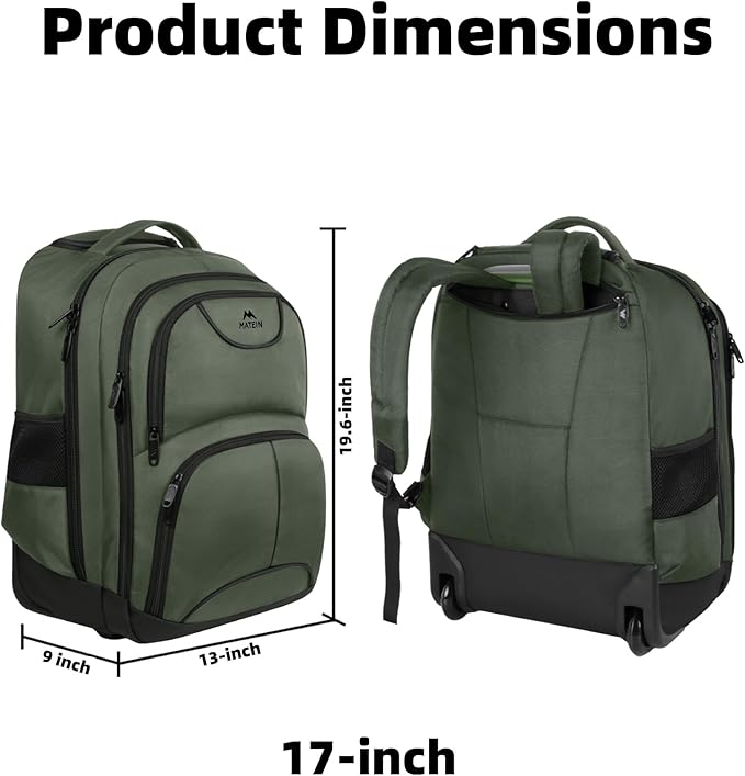MATEIN Rolling Backpack, 17 Inch Travel Laptop Backpacks with Wheels, Water Resistant Large Roller Carry On Luggage Wheeled, Trolley Overnight Suitcase Business College Computer Bag, Green